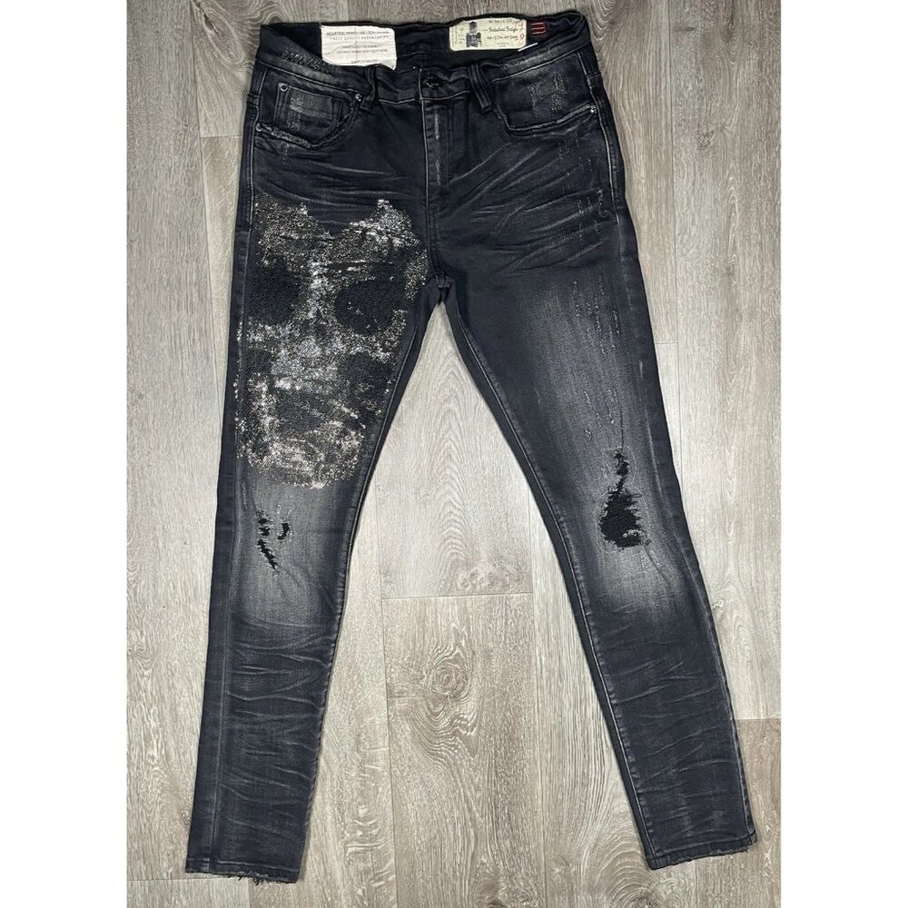 Industrial Indigo Retro Skull Rhinestone Skinny Jeans - Men Size 34 X 33